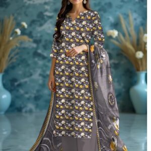 Graceful Grey & Yellow Floral Printed 3-Piece Lawn Suit for Women