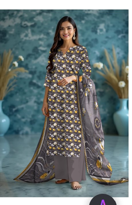 Graceful Grey & Yellow Floral Printed 3-Piece Lawn Suit for Women