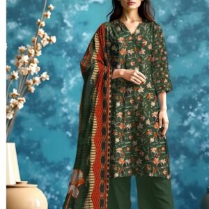 Elegant Bottle Green Floral Printed 3-Piece Lawn Suit for Women