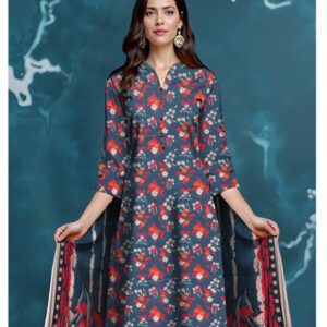 Elegant Teal Blue Floral Printed 3-Piece Lawn Suit for Women