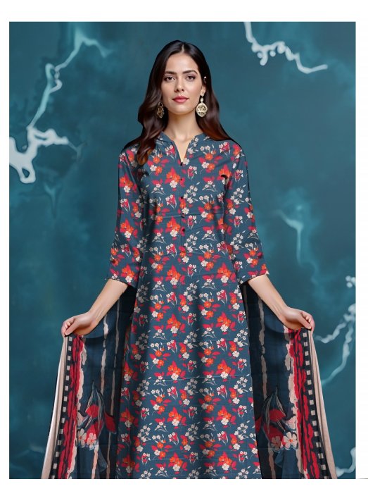 Elegant Teal Blue Floral Printed 3-Piece Lawn Suit for Women
