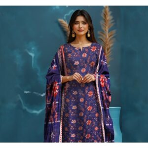 Graceful Deep Purple Floral Printed 3-Piece Lawn Suit for Women