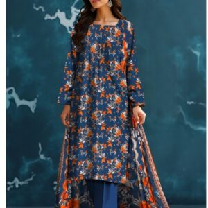 Stylish Navy Blue Floral Printed 3-Piece Lawn Suit for Women