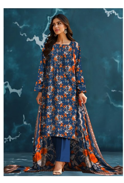 Stylish Navy Blue Floral Printed 3-Piece Lawn Suit for Women