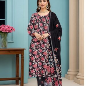 Black Floral Printed 3-Piece Unstitched Lawn Suit 🌸