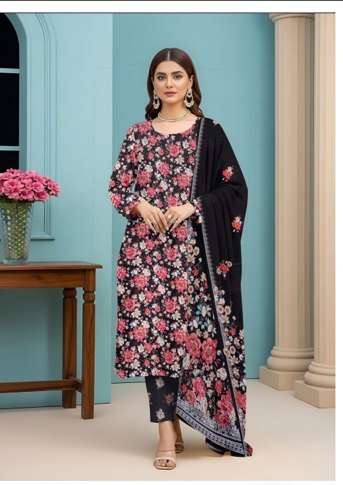 Black Floral Printed 3-Piece Unstitched Lawn Suit 🌸