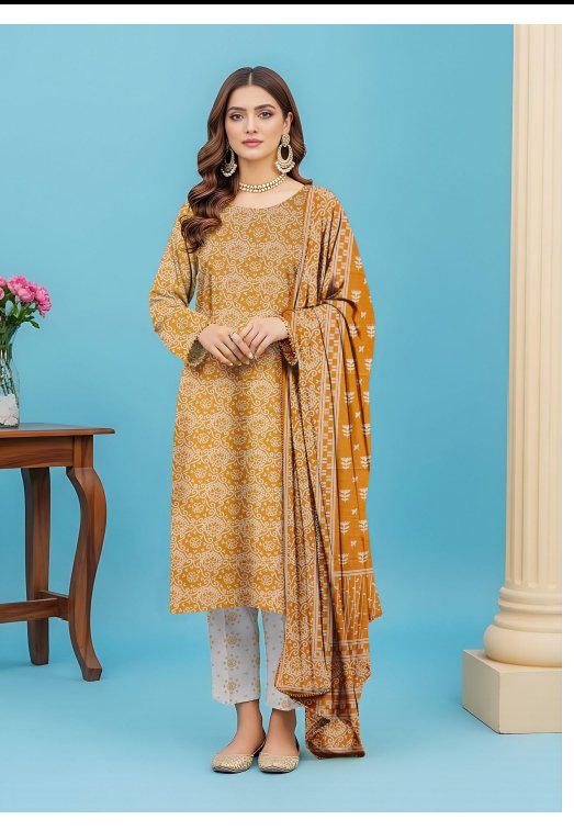 Mustard & White Printed 3-Piece Unstitched Lawn Suit