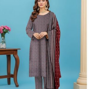 Maroon & Grey Printed 3-Piece Unstitched Lawn Suit