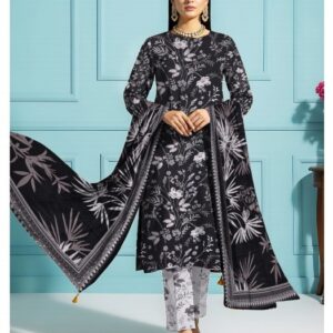 Black Floral Printed 3-Piece Unstitched Lawn Suit