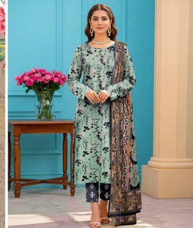 Mint Green Floral Printed 3-Piece Unstitched Lawn Suit