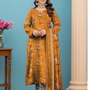Mustard Floral Printed 3-Piece Unstitched Lawn Suit