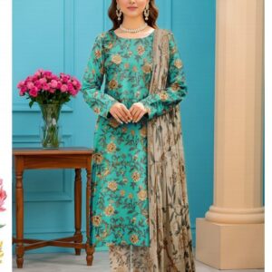 Teal Blue Floral Printed 3-Piece Unstitched Lawn Suit