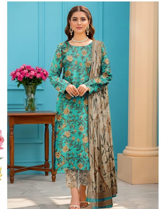 Teal Blue Floral Printed 3-Piece Unstitched Lawn Suit