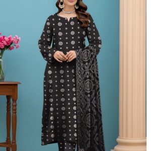 Graceful Black Printed 3-Piece  Lawn Suit