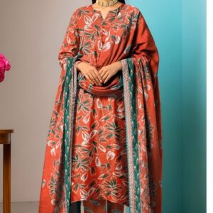Rust Floral Printed 3-Piece  Lawn Suit