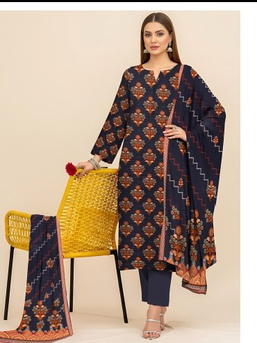 Classic Navy Blue Printed 3-Piece Slub Linen Suit π