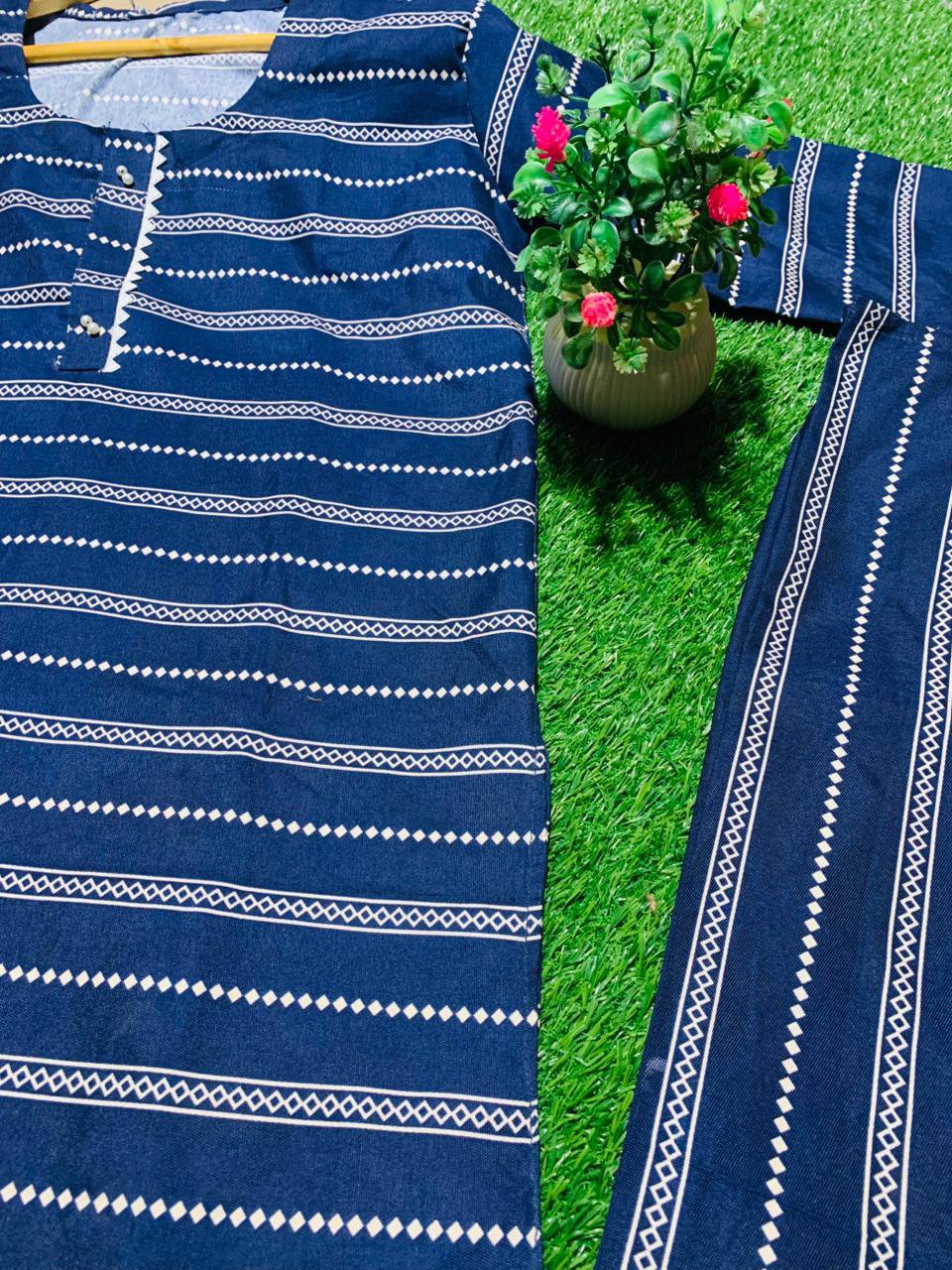 Navy Blue & White Striped Khaddar Suit β Elegant Winter Wear πβοΈ
