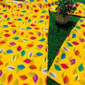 Bright Yellow Multicolor Leaf Print Khaddar Suit – Vibrant Winter Style 🍃💛