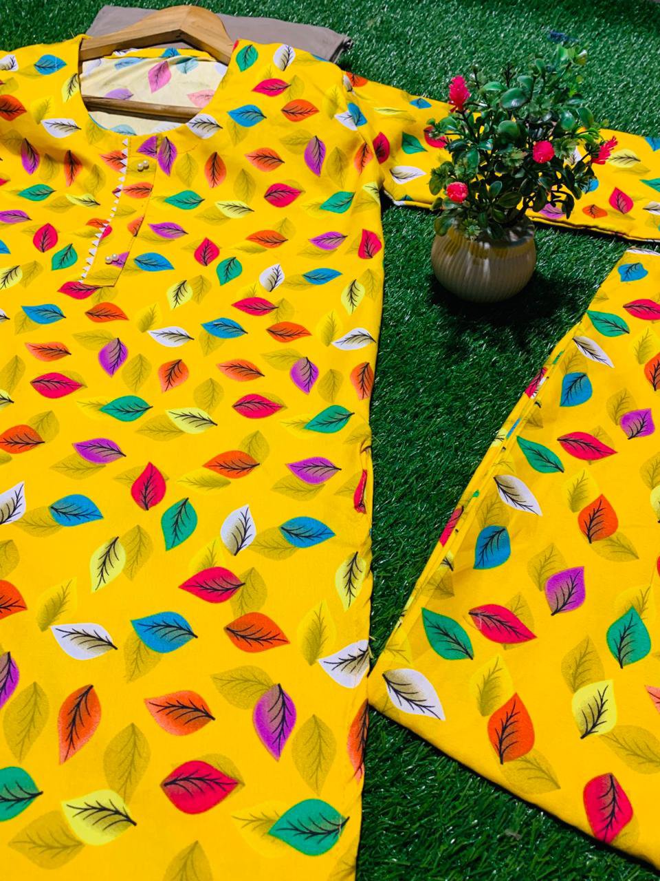 Bright Yellow Multicolor Leaf Print Khaddar Suit β Vibrant Winter Style ππ