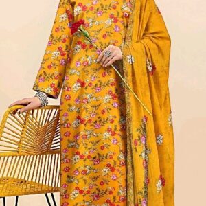 Luxurious Mustard Floral Printed Linan Suit