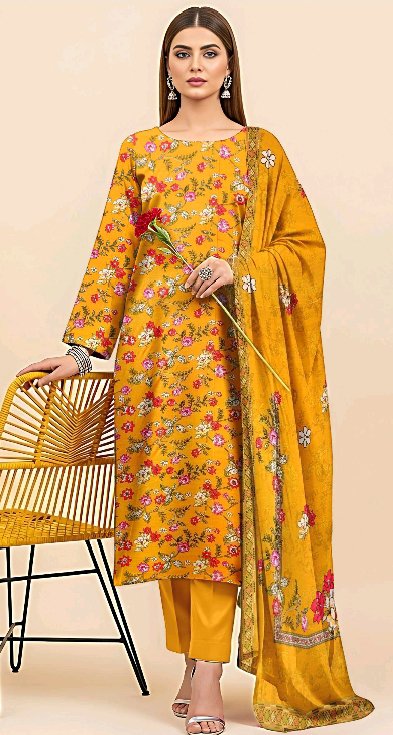 Luxurious Mustard Floral Printed Linan Suit